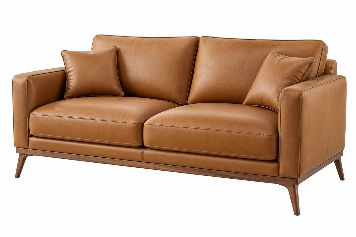 Divano 2 posti 180 cm in effetto pelle cammello - stile moderno con struttura in legno