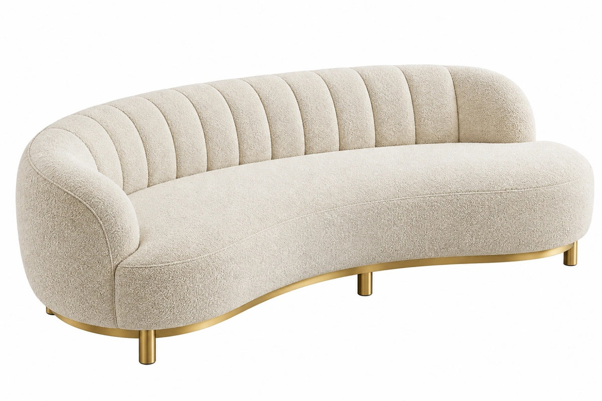 Divano 3 posti 220 x 95 x 78 cm in tessuto bouclé beige con base dorata stile contemporaneo