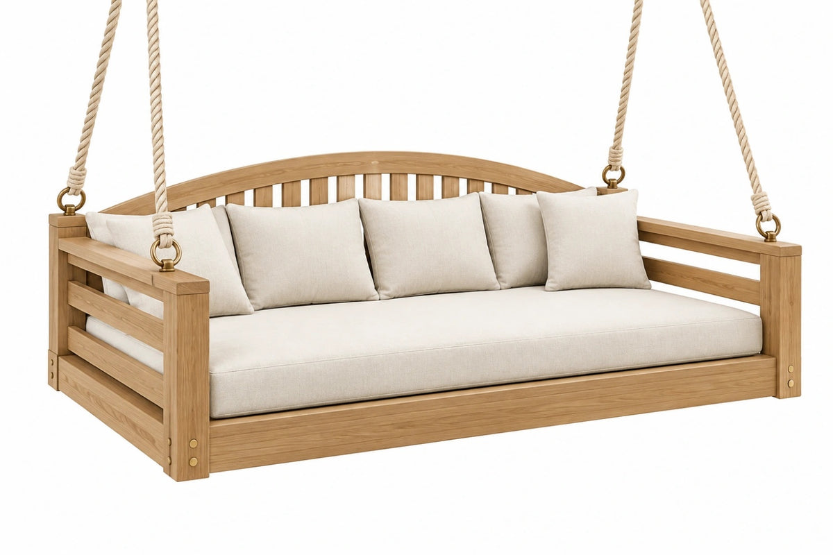 Divano sospeso 200 x 90 x 75 cm in legno naturale con seduta tessile color crema stile rustico