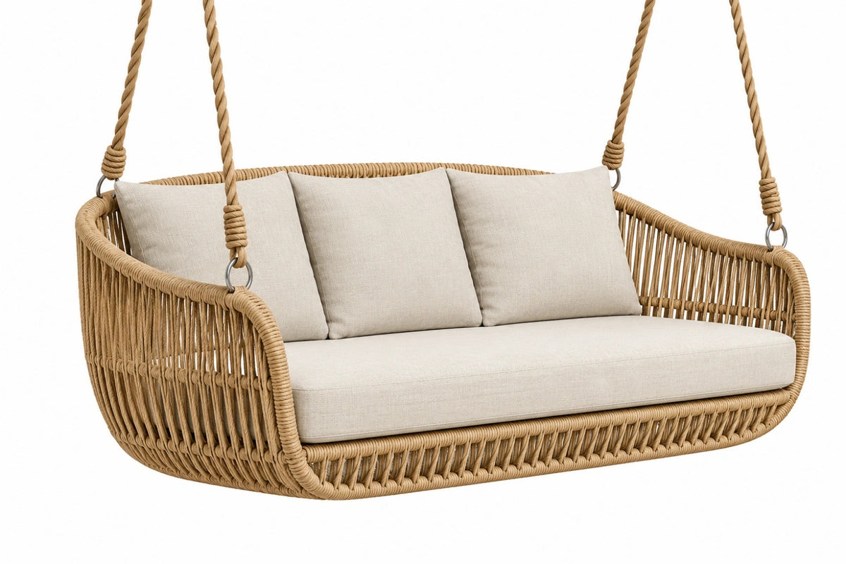 Dondolo sospeso da giardino 160 x 80 x 130 cm in corda intrecciata beige con seduta imbottita