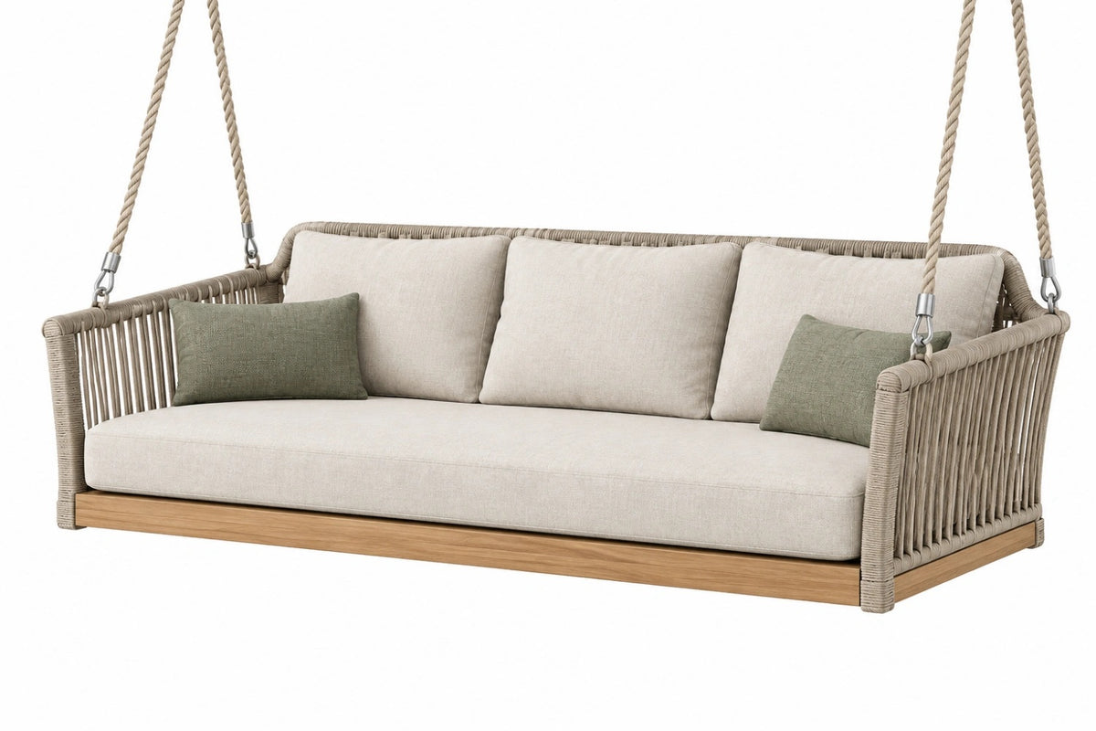 Divano sospeso da giardino 220 x 85 x 75 cm in corda e legno beige stile contemporaneo