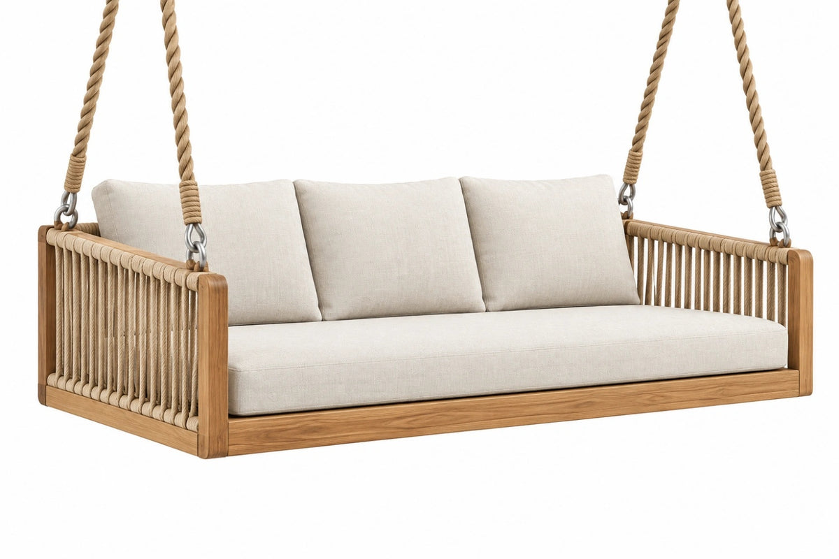 Divano sospeso 180 x 80 x 150 cm in legno e corda beige - stile outdoor
