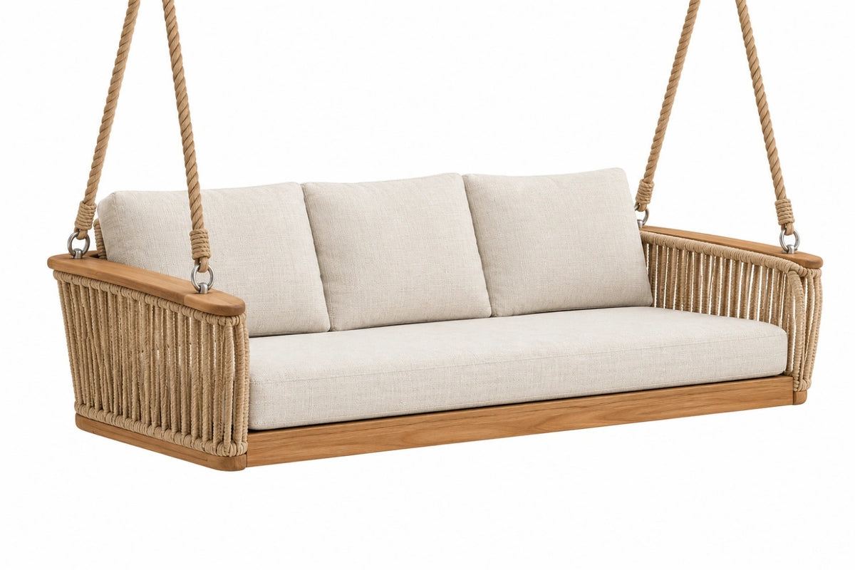 Divano altalena sospeso 180 x 80 x 70 cm in legno e corda beige per esterno coperto