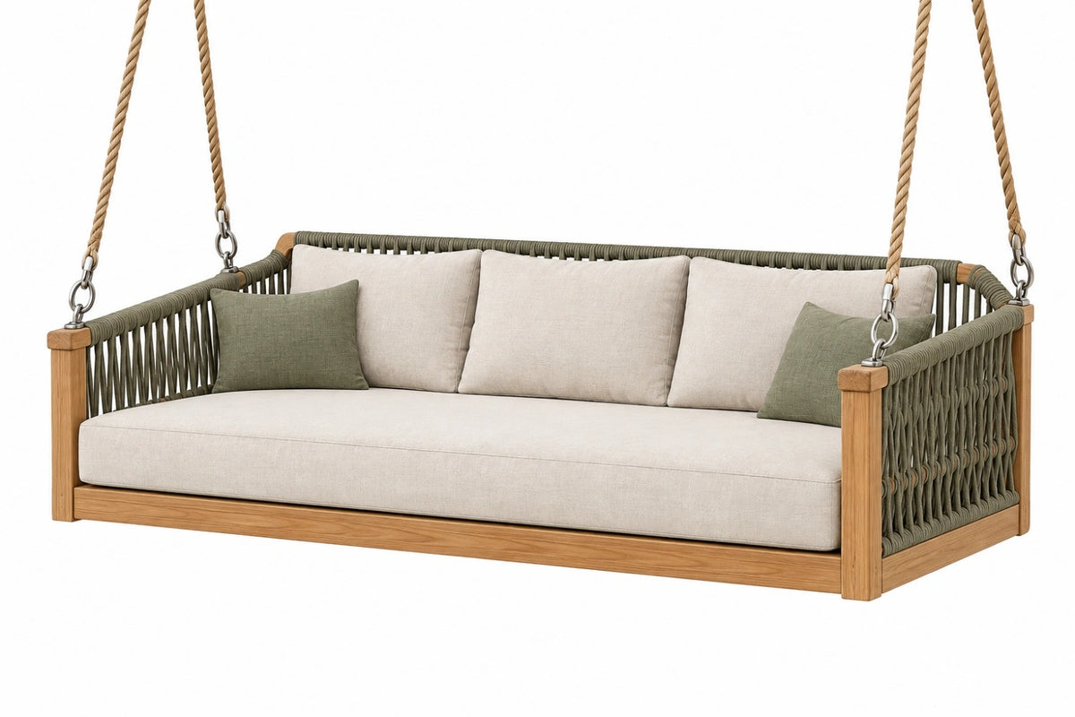 Divano a dondolo da giardino 200 x 85 x 70 cm in legno e corda verde beige - stile sospeso contemporaneo