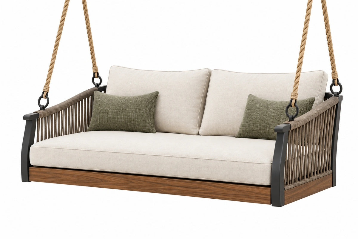 Divano sospeso da giardino 160 x 80 x 70 cm in legno corda e metallo beige marrone stile contemporaneo