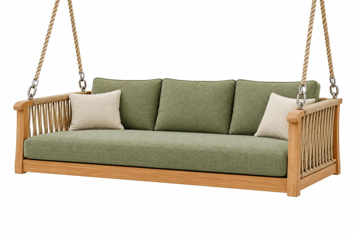 Divano sospeso 200 cm in legno e corda verde - stile naturale da esterno