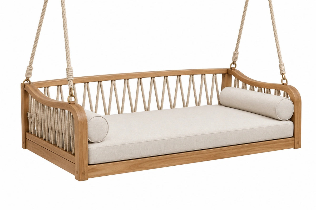 Divano a dondolo sospeso 180 x 80 cm in legno e corda beige con seduta imbottita