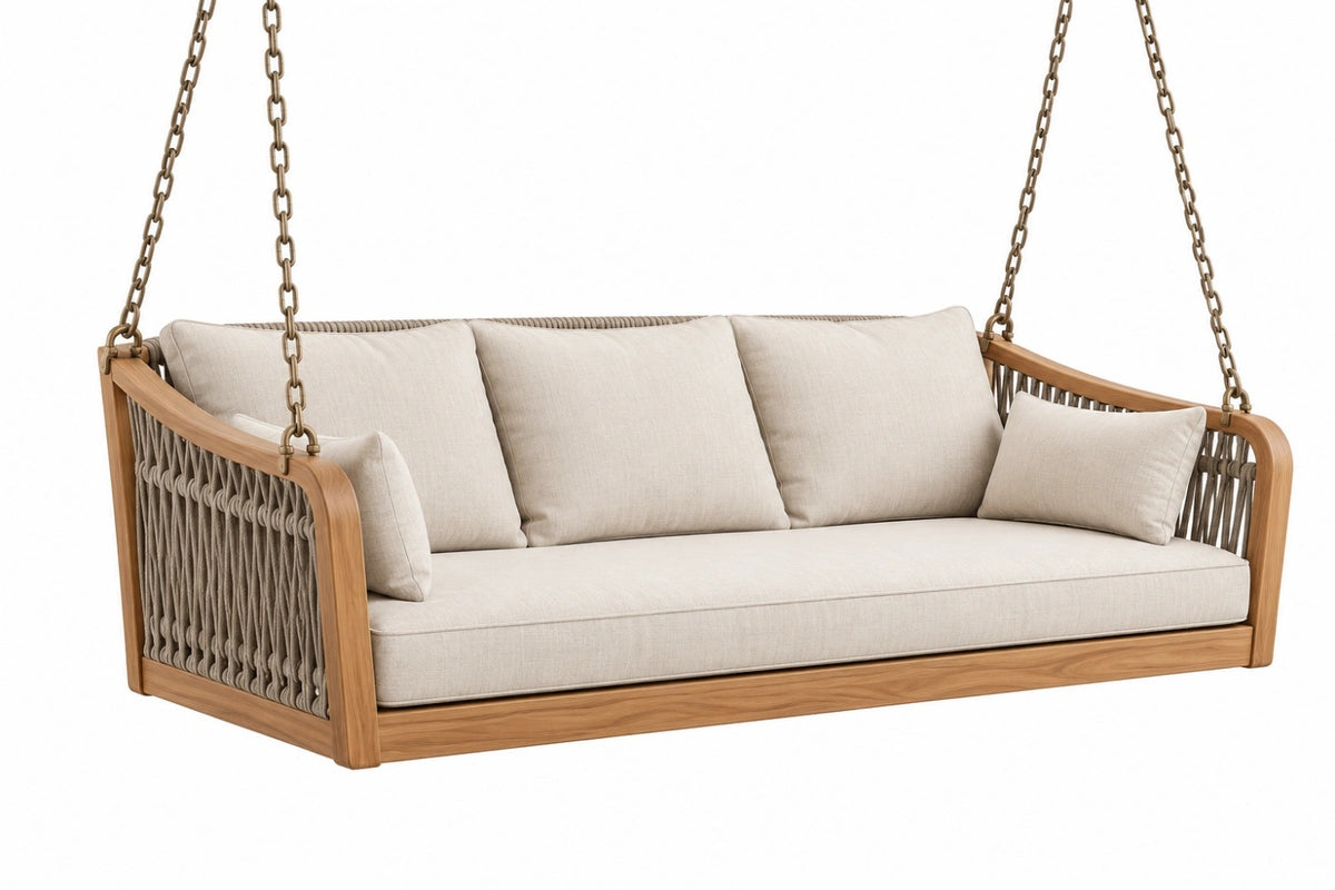 Divano sospeso da giardino 180x75x65 cm in legno marrone e corda beige stile boho