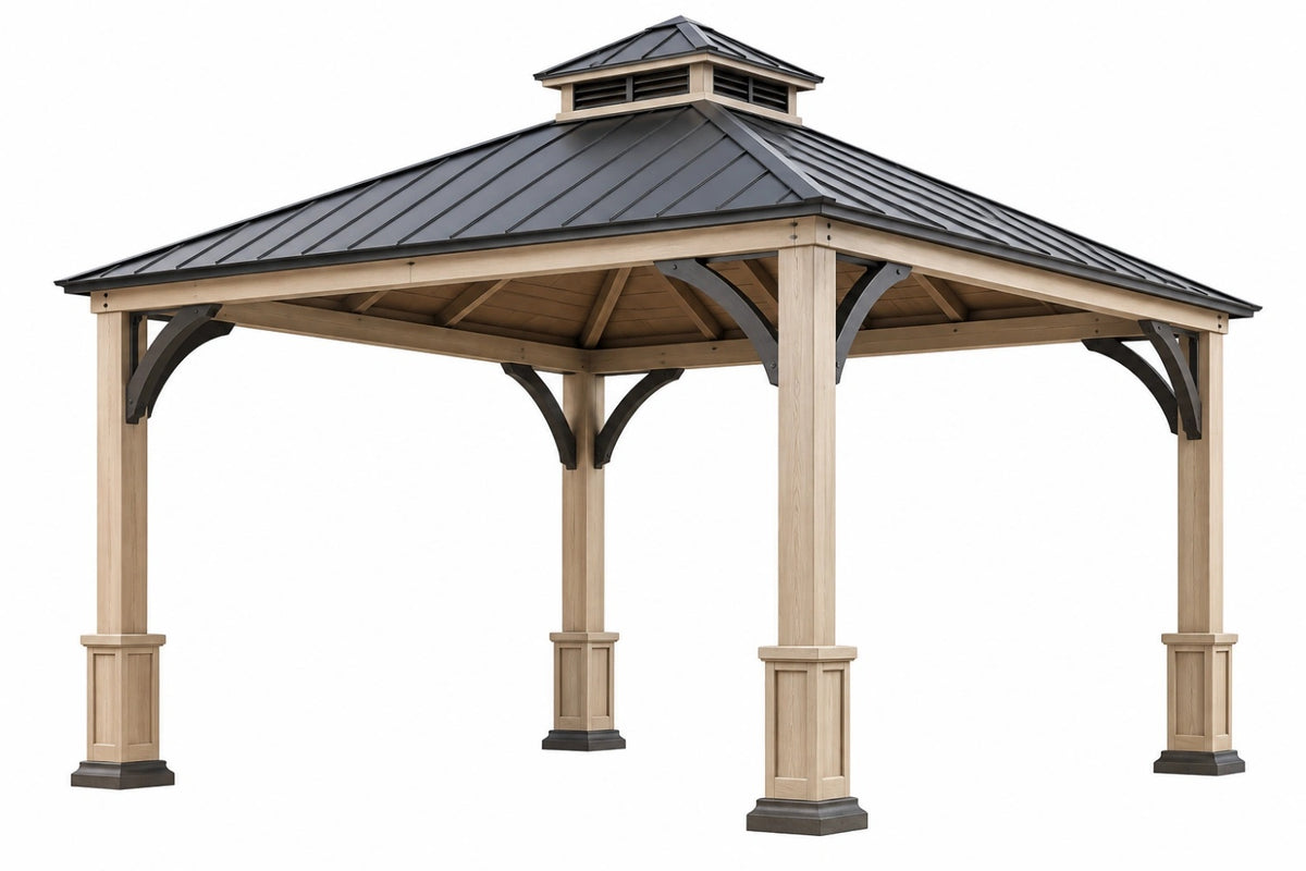 Gazebo da giardino 400 x 400 cm in legno naturale e metallo nero con tetto ventilato