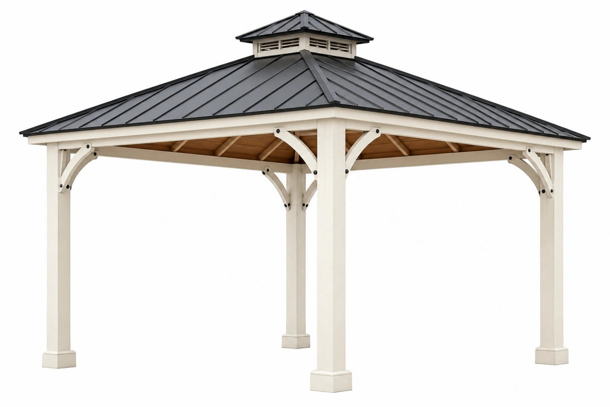 Gazebo da giardino 400 x 400 cm in legno bianco con tetto in metallo nero - struttura coperta