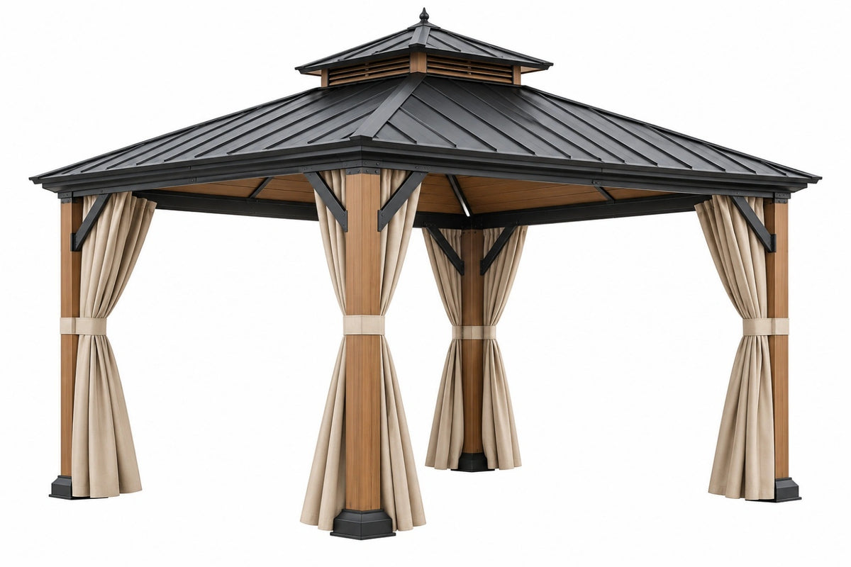 Gazebo da giardino 300 x 300 cm in legno e metallo nero con tende beige