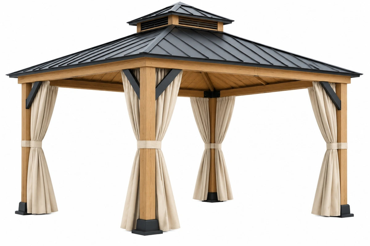 Gazebo da giardino 300 x 300 x 300 cm in legno e metallo marrone beige con tende e tetto rigido