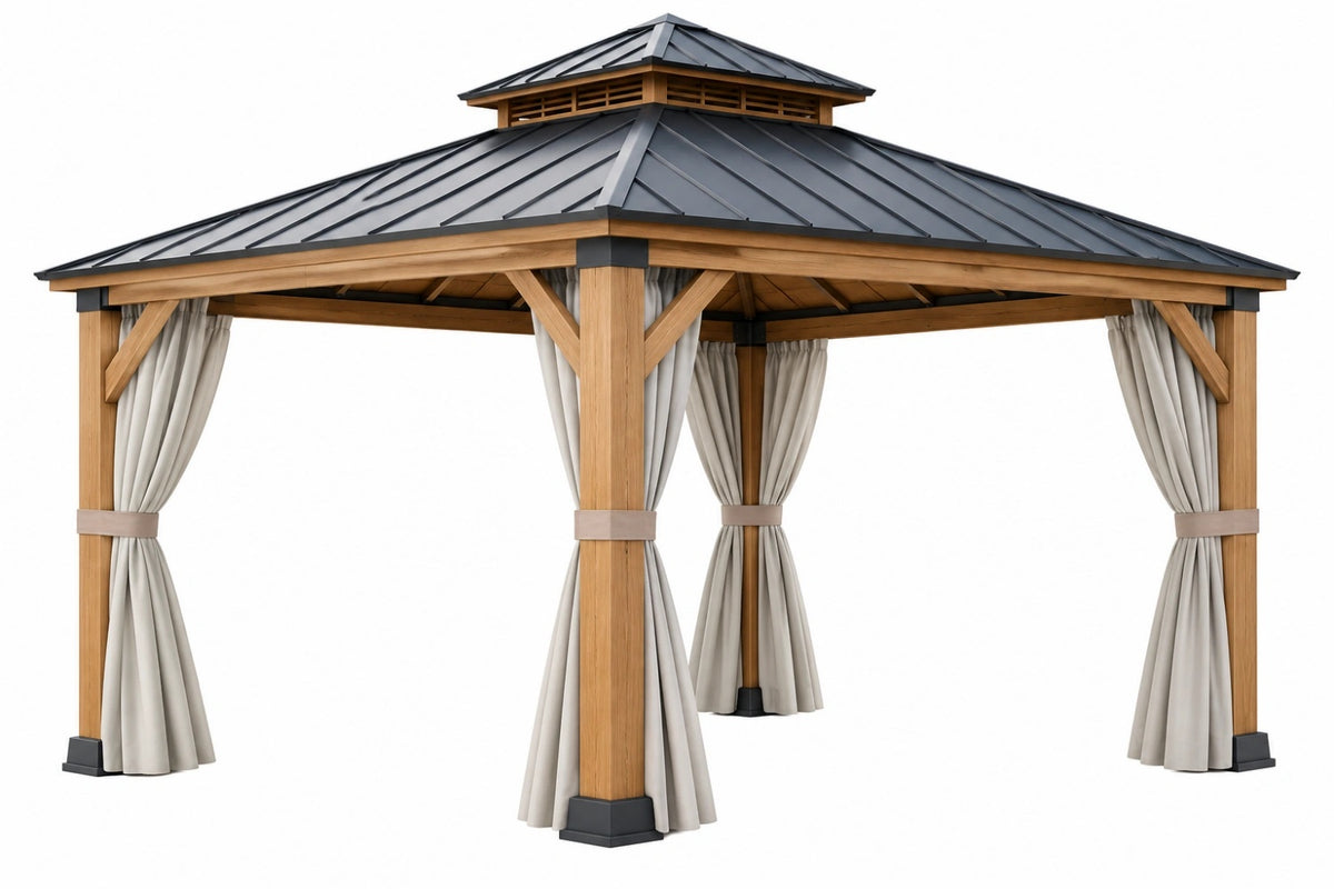 Gazebo da giardino 300 x 300 x 300 cm in legno e metallo marrone grigio con tende