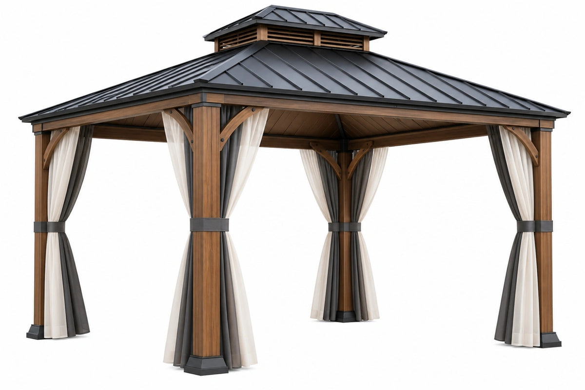 Gazebo da giardino 300 x 300 x 300 cm in legno marrone con tetto in metallo e tende