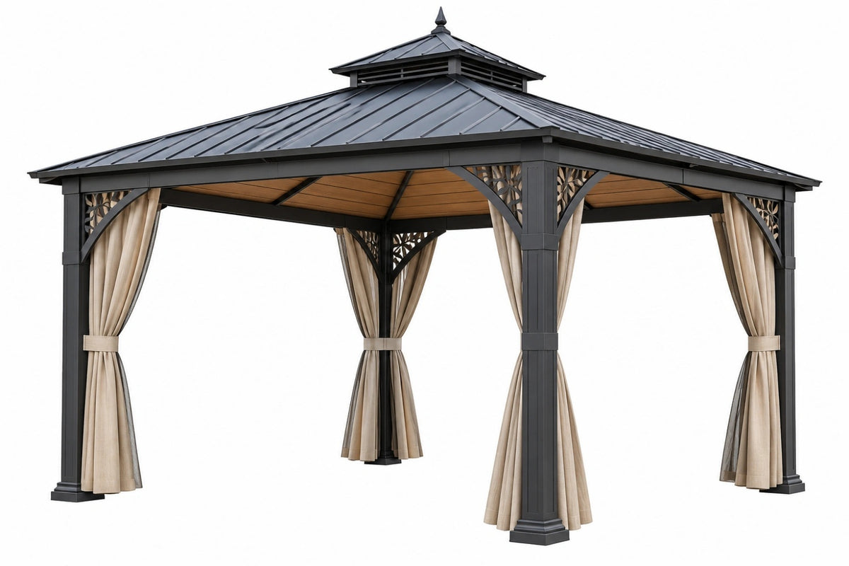 Gazebo da giardino 400 x 300 x 300 cm in metallo nero con tende beige - copertura a padiglione