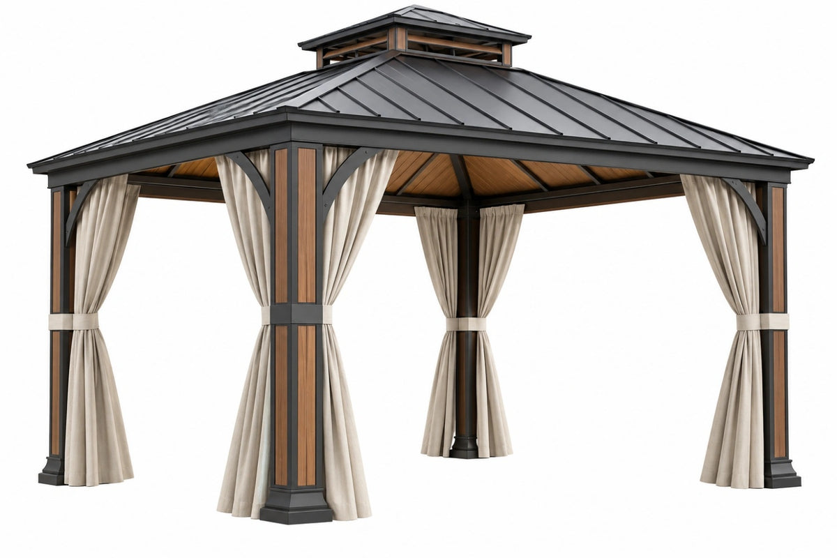 Gazebo da giardino 300 x 300 x 300 cm in metallo nero effetto legno con tende