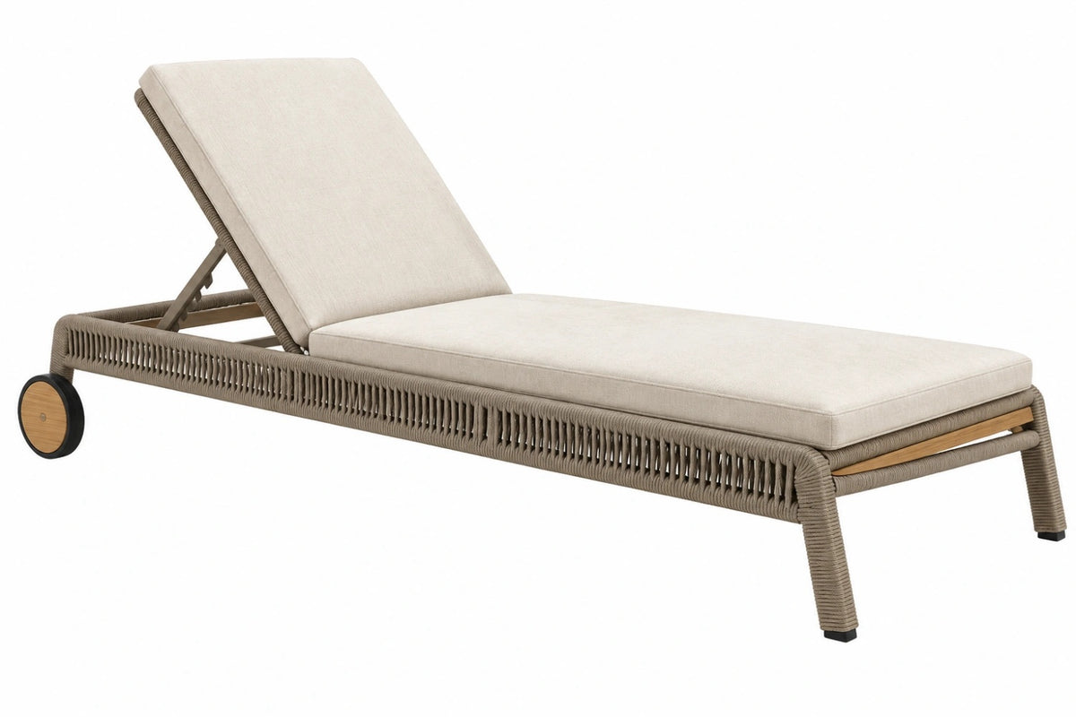 Lettino prendisole 200 x 70 cm in corda intrecciata tortora con cuscino beige reclinabile per esterno