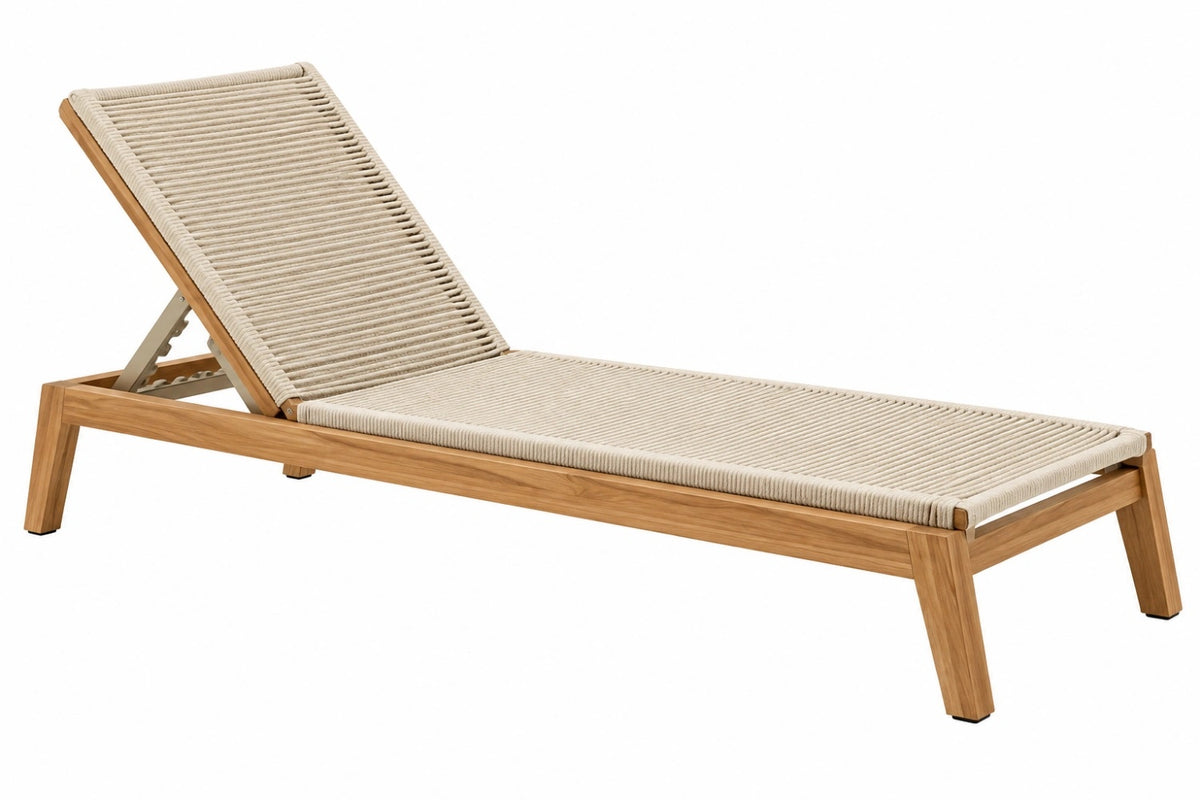 Lettino prendisole 200 x 70 cm in legno e corda beige - schienale reclinabile da esterno