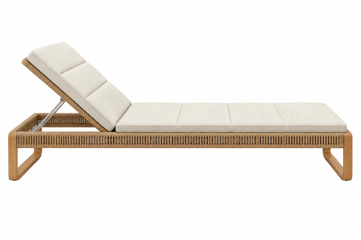 Lettino prendisole 200 x 70 cm in legno e corda intrecciata beige naturale - schienale reclinabile da esterno