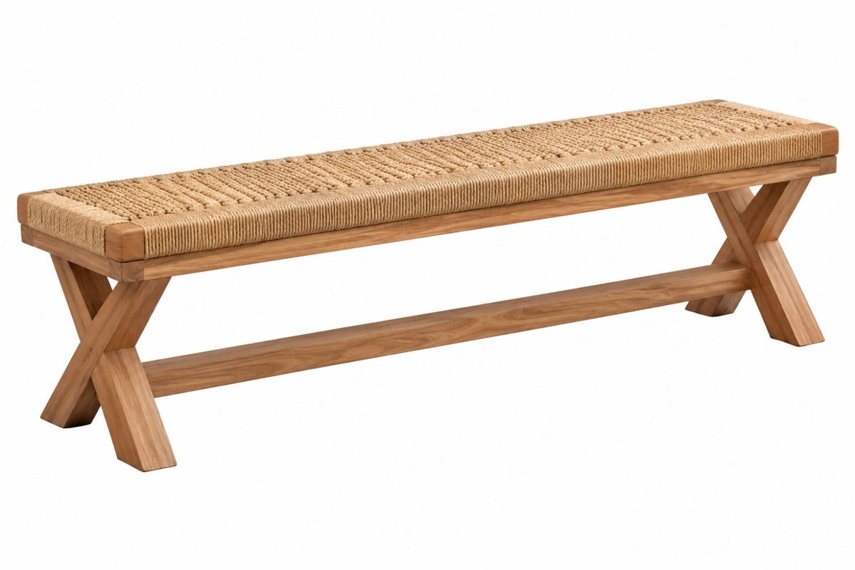 Panca 180 x 40 x 45 cm in legno e corda naturale - stile rustico