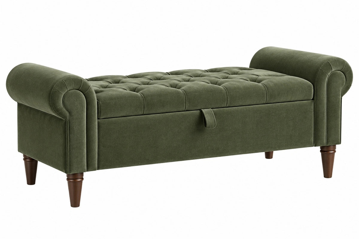 Panca contenitore 120 x 45 x 65 cm in velluto verde con braccioli e seduta capitonné