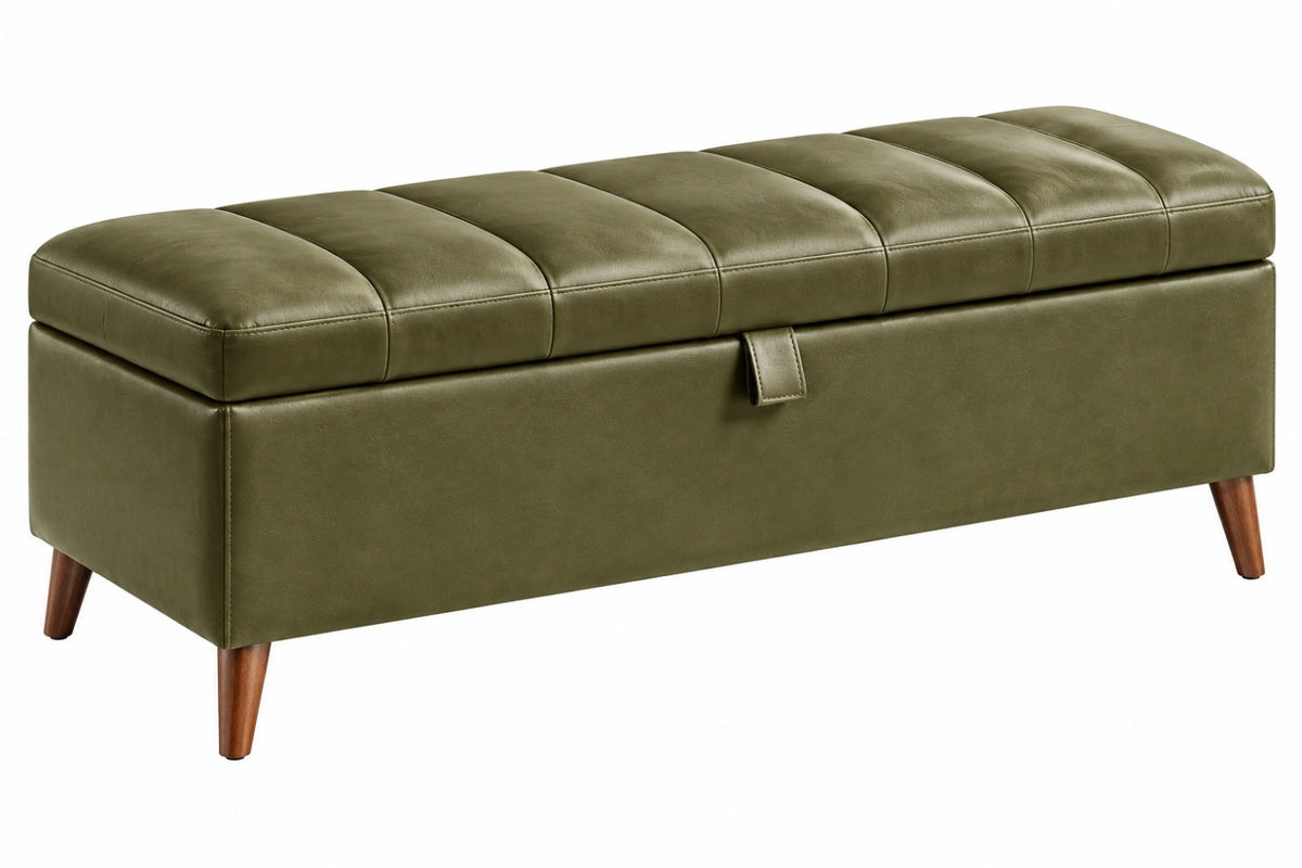 Panca contenitore 120 x 45 x 45 cm in similpelle verde oliva con seduta imbottita e gambe in legno