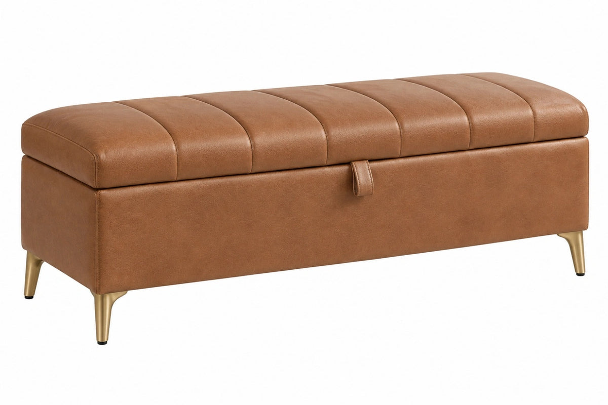 Panca contenitore 120 x 45 x 45 cm in similpelle cognac con gambe in metallo stile moderno