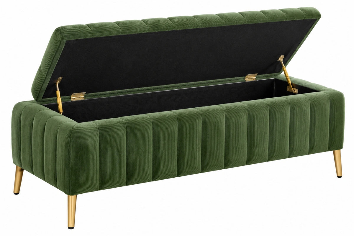 Panca contenitore 120 x 45 x 50 cm in velluto a coste verde con gambe in metallo stile moderno
