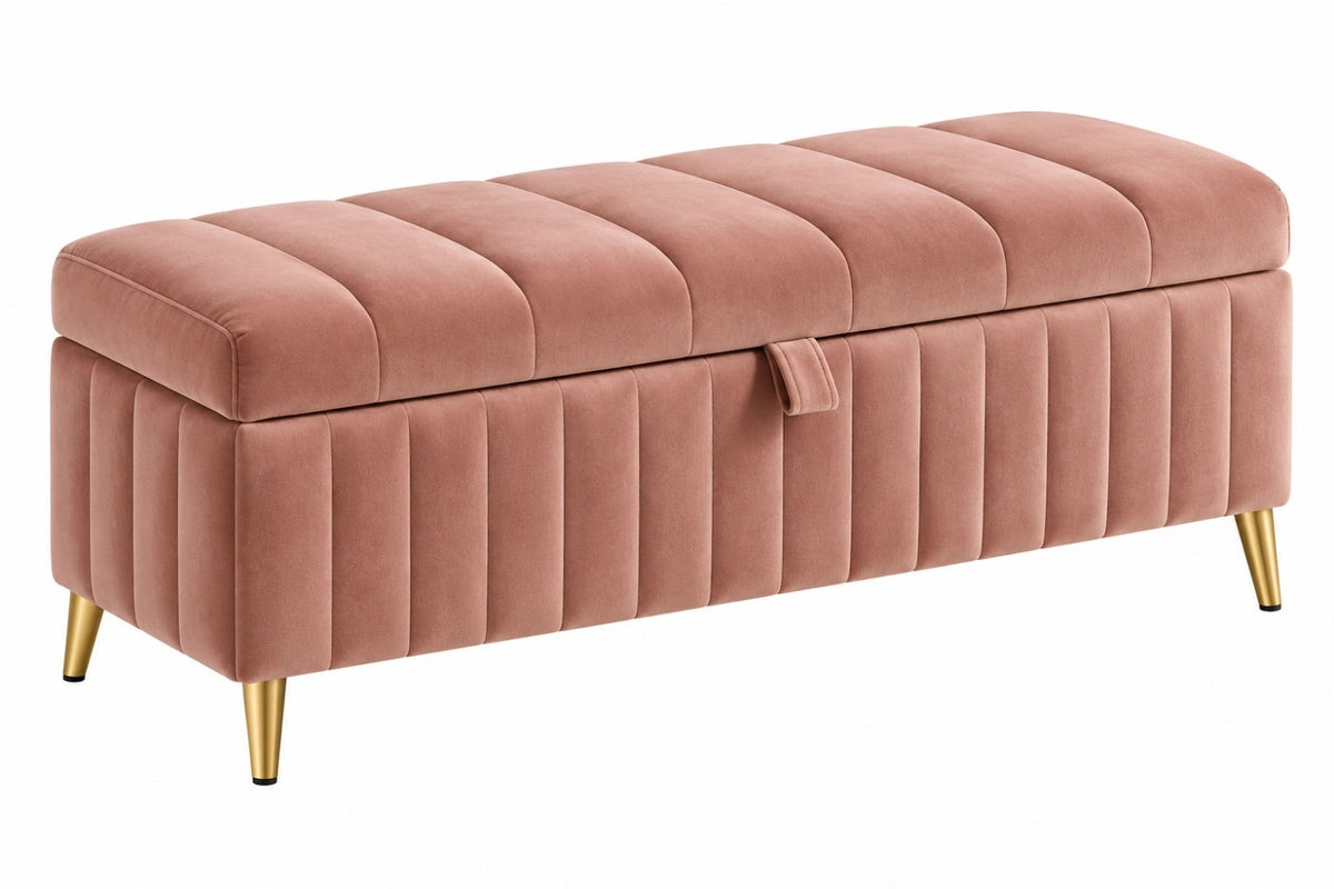 Panca contenitore 100 x 40 x 45 cm in velluto rosa con gambe dorate stile moderno