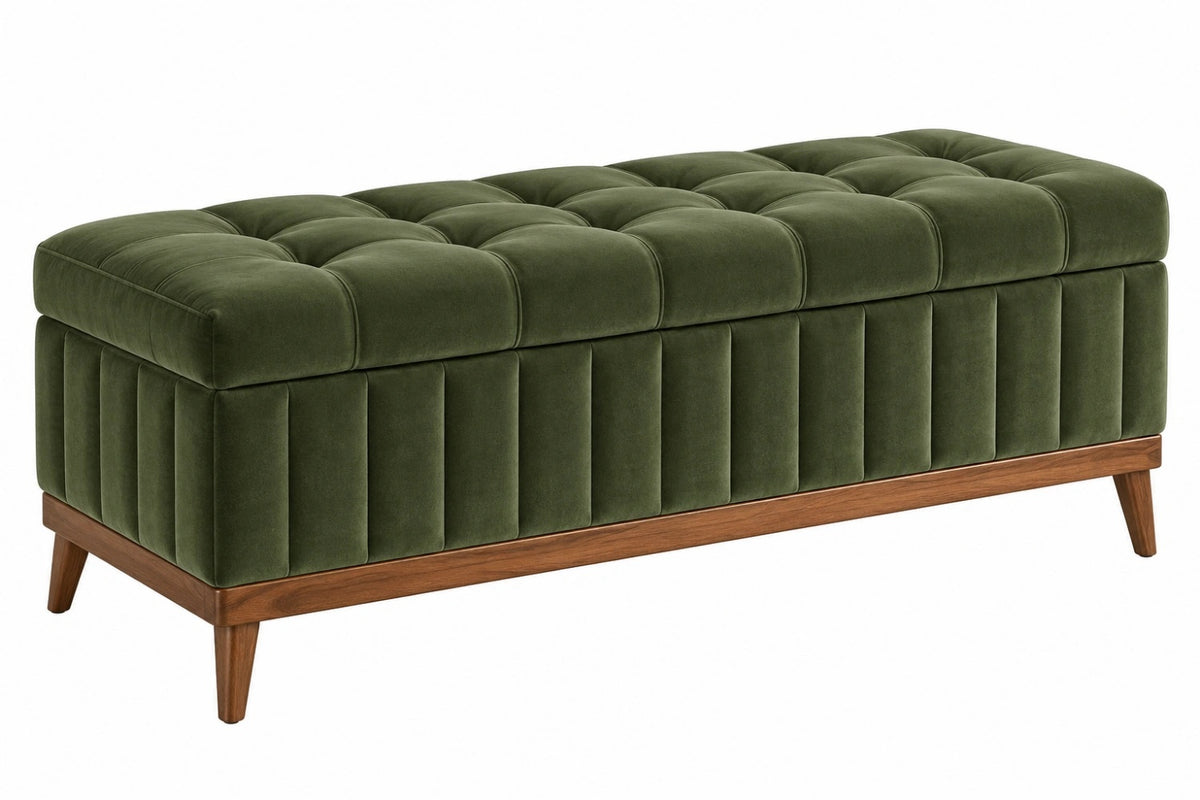 Panca contenitore 120 x 45 x 48 cm in velluto verde con base in legno stile moderno