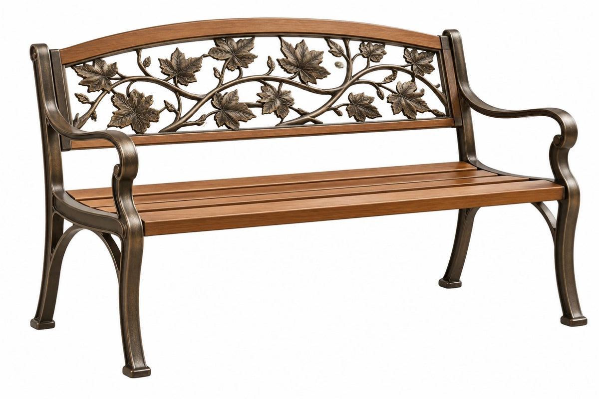 Panca da giardino 150 x 65 x 90 cm in metallo e legno marrone stile classico con schienale a foglie