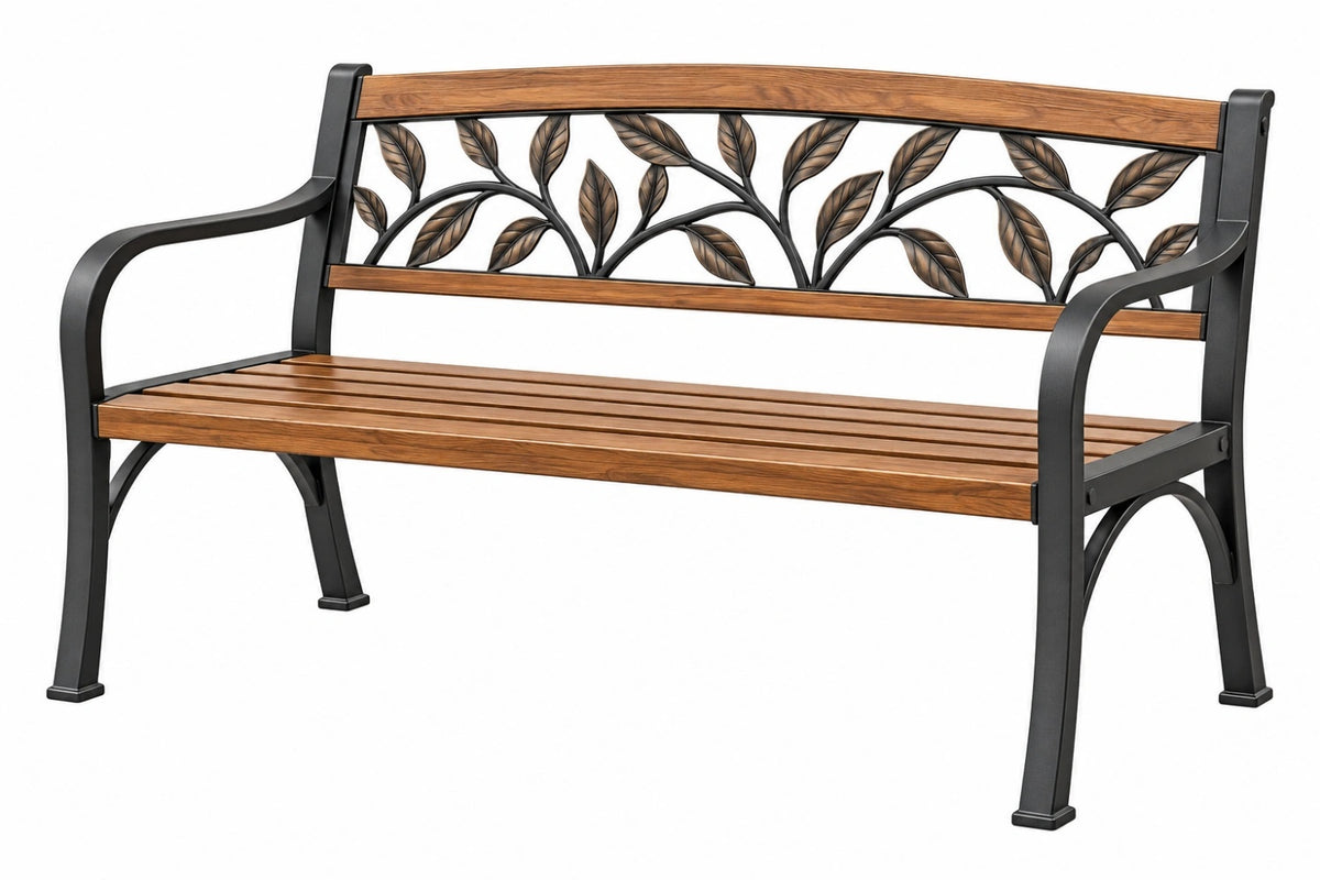 Panca da giardino 122 x 62 x 89 cm in metallo e legno marrone nero con schienale decorativo