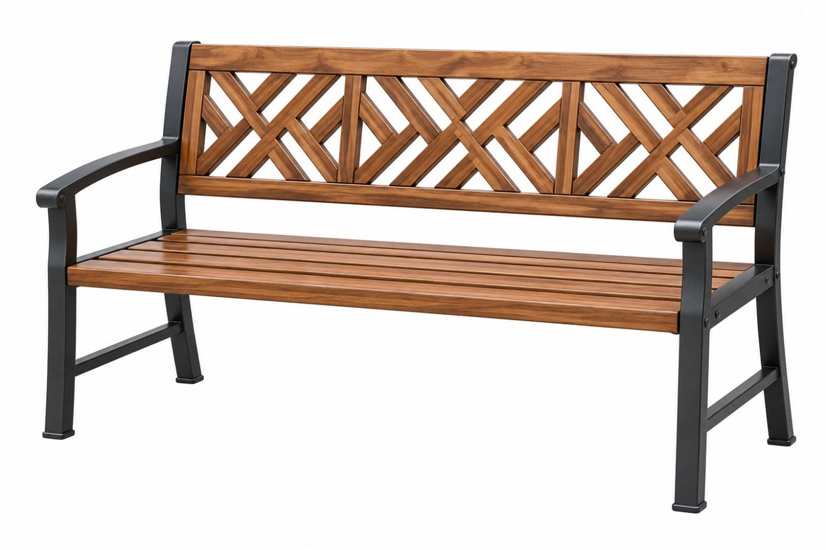 Panca da giardino 150 x 62 x 88 cm in legno marrone e acciaio nero - stile classico con braccioli