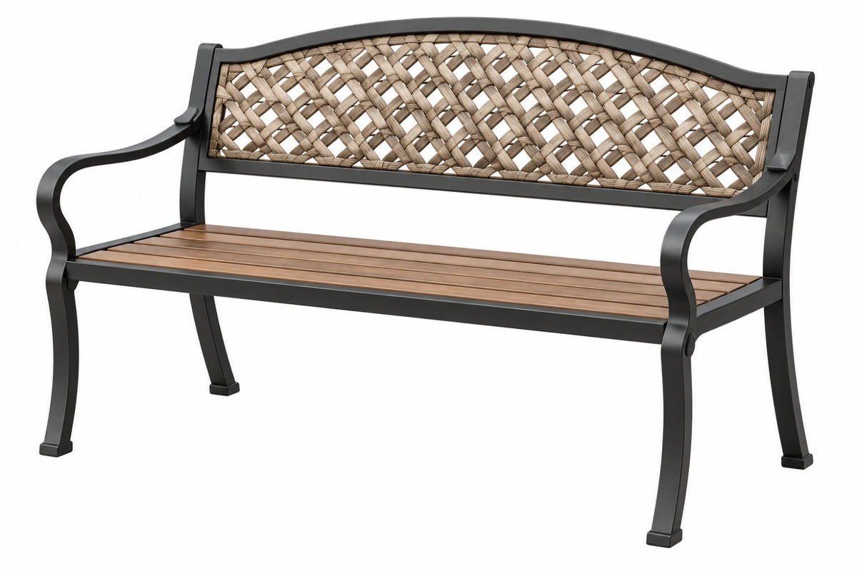 Panca da giardino 122 x 61 x 91 cm in metallo nero e intreccio beige - stile classico per esterni