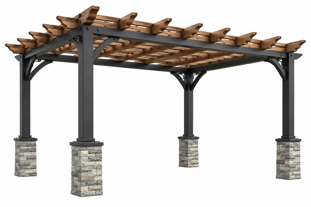 Pergola da giardino 400 x 300 x 250 cm in legno e metallo nero marrone stile rustico