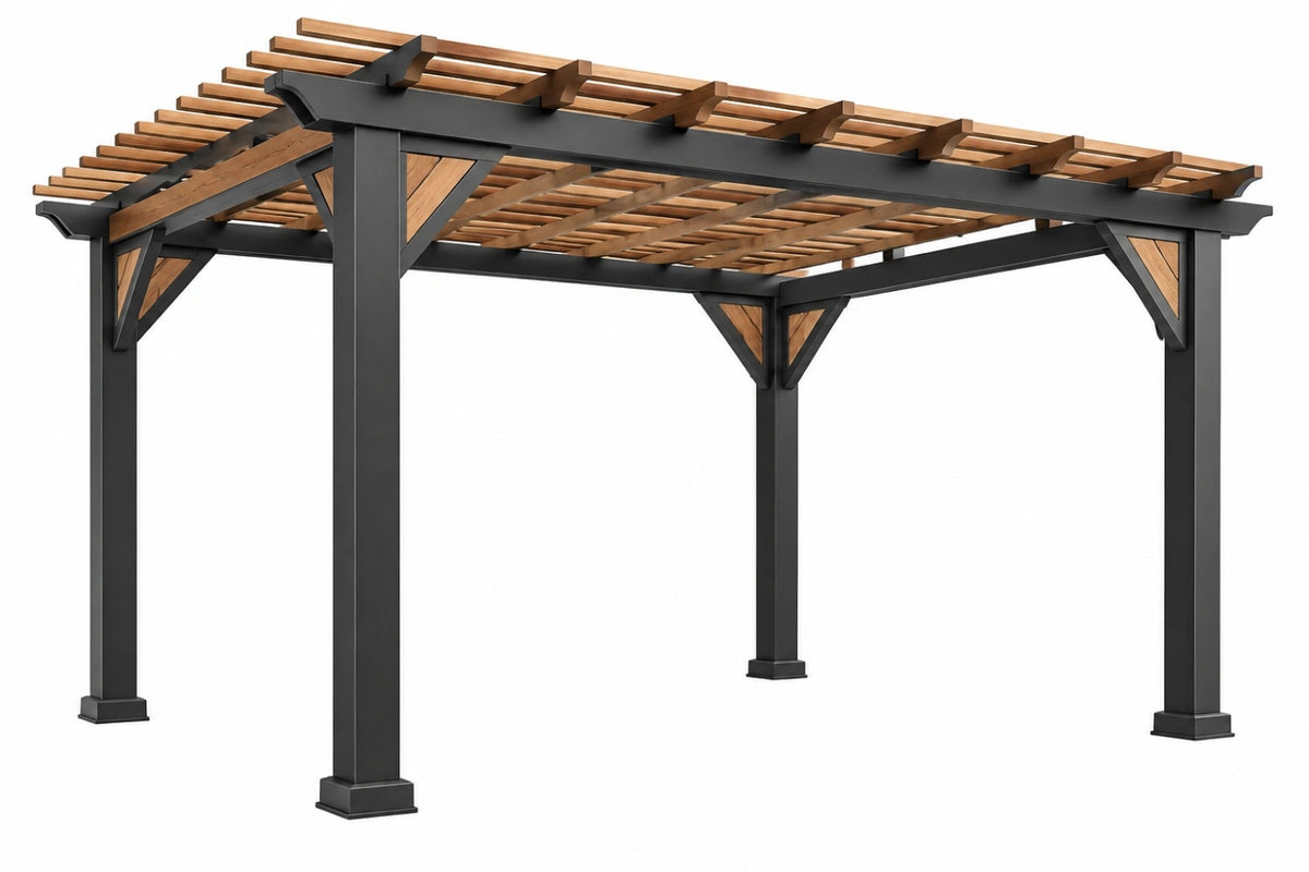Pergola da giardino 360 x 360 x 250 cm in metallo e legno nero marrone - struttura ombreggiante