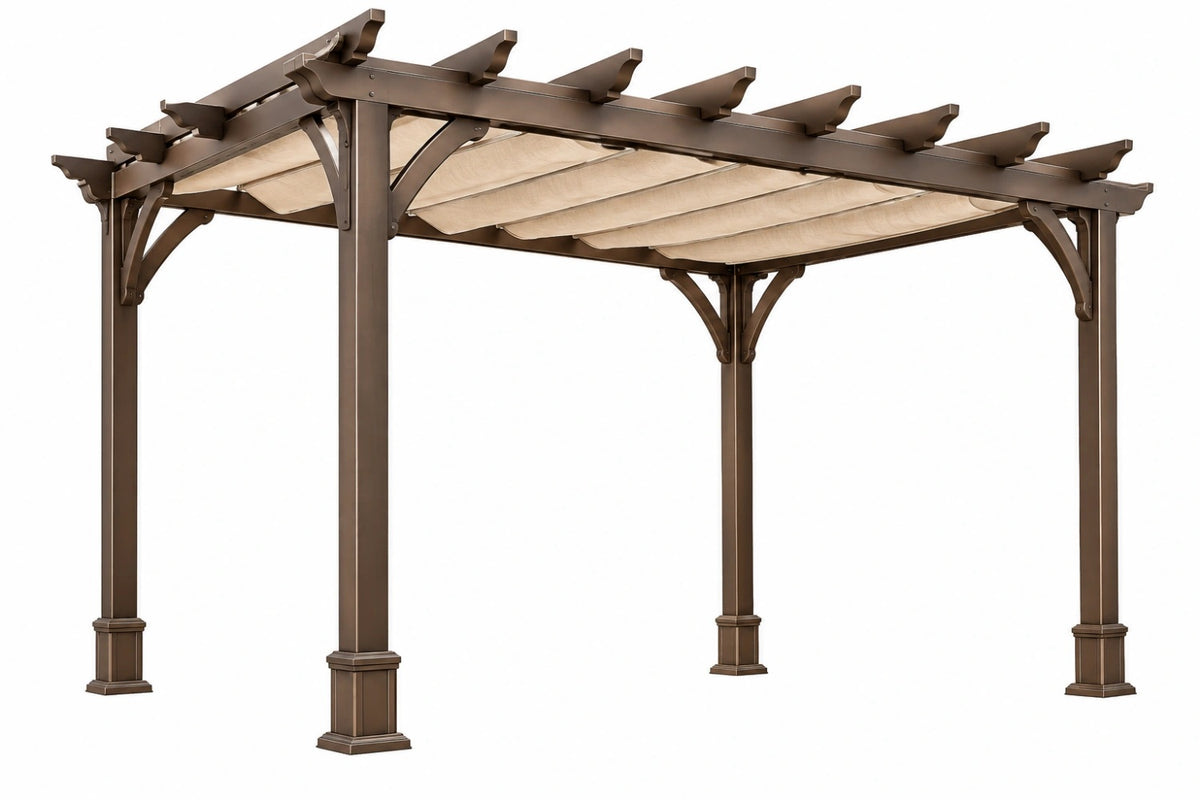 Pergola da giardino 400 x 300 x 240 cm in metallo marrone con copertura in tessuto beige