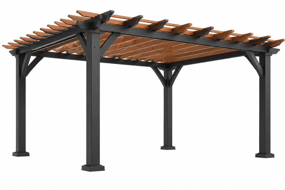 Pergola da giardino 400 x 300 x 230 cm in acciaio e legno nero marrone con copertura a listelli
