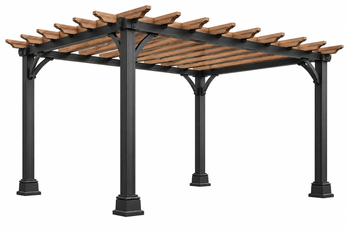 Pergola da giardino 400 x 300 x 250 cm in metallo e legno marrone nero - struttura ombreggiante classica
