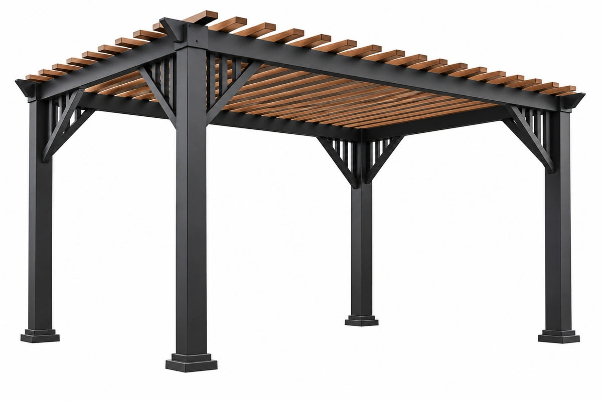 Pergola da giardino 300 x 300 x 230 cm in acciaio e legno nero marrone a lamelle