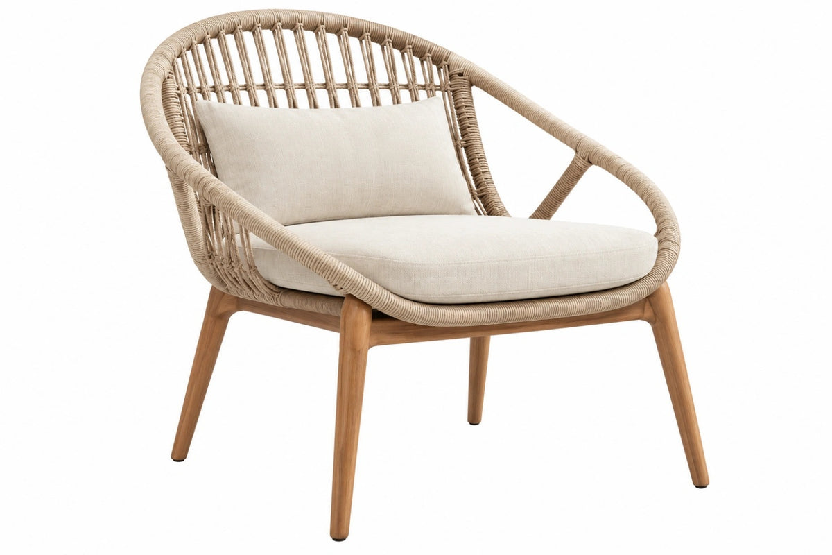 Poltrona 75 x 70 x 80 cm in legno e corda beige con seduta imbottita stile naturale