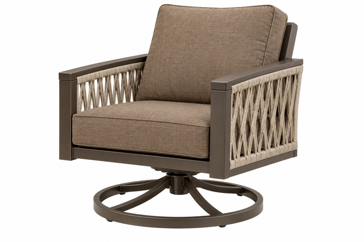 Poltrona da esterno girevole 82 x 78 x 88 cm in metallo e corda beige marrone stile contemporaneo