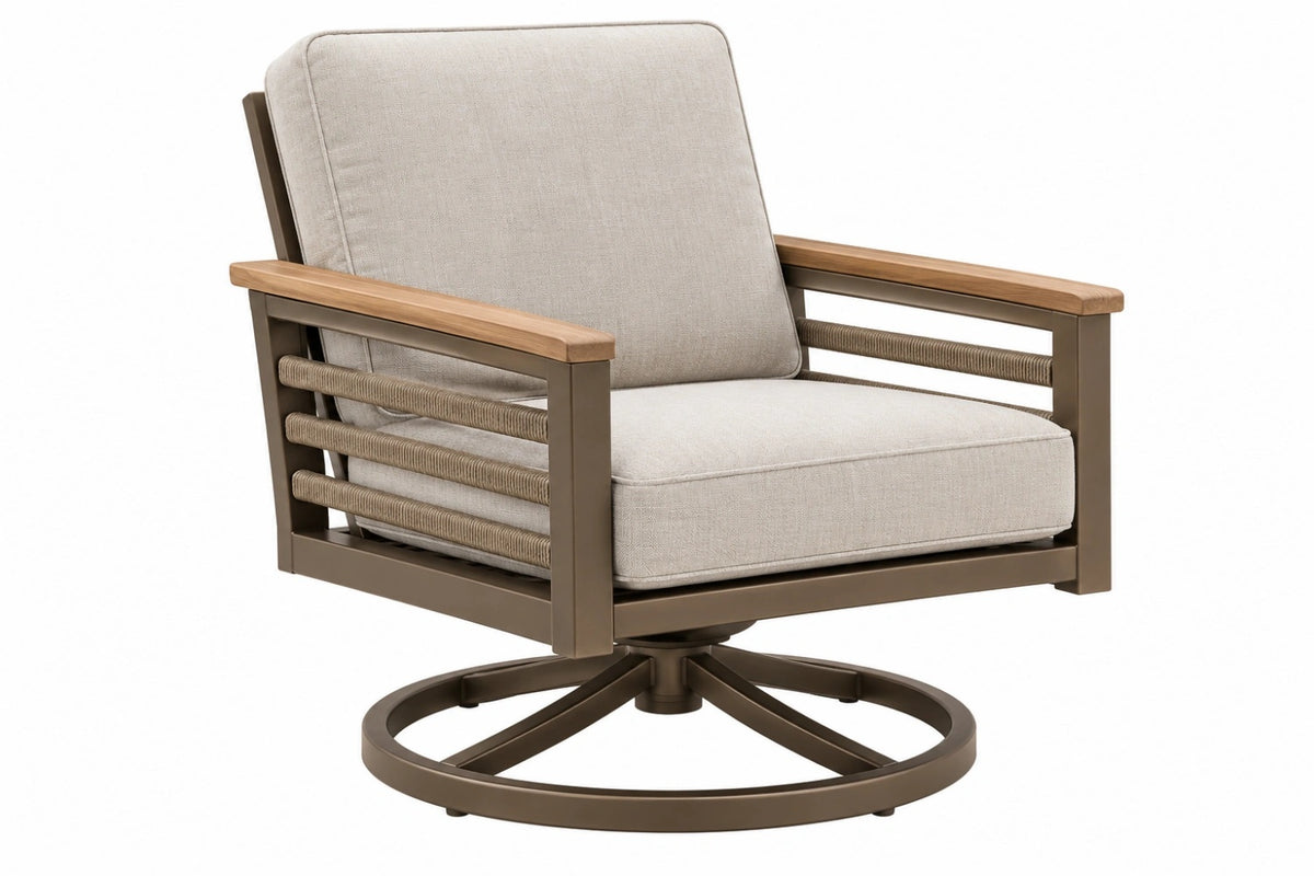 Poltrona da esterno 83 x 78 x 88 cm in metallo beige con braccioli in legno e base girevole