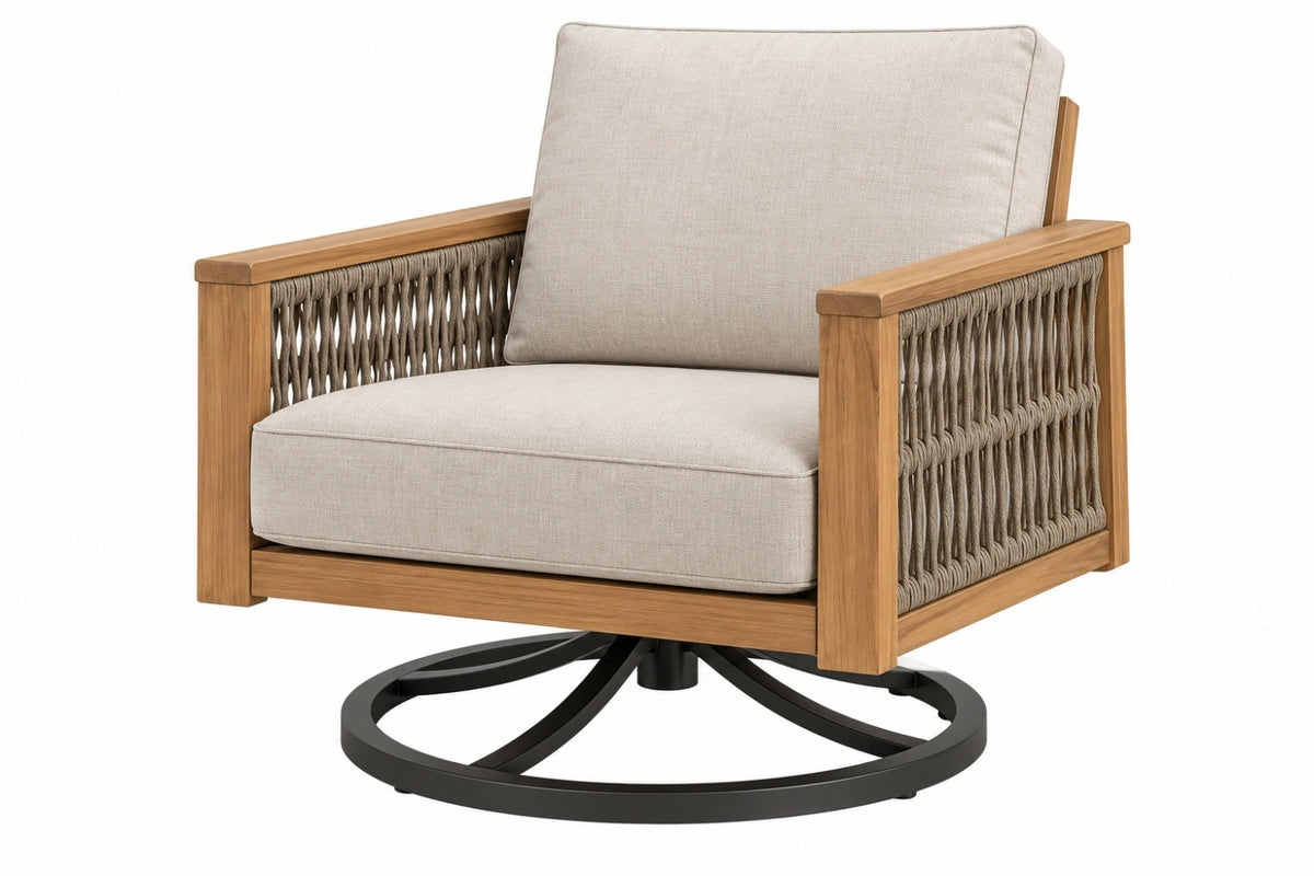 Poltrona da esterno 82 x 82 x 90 cm in legno e corda beige girevole stile contemporaneo
