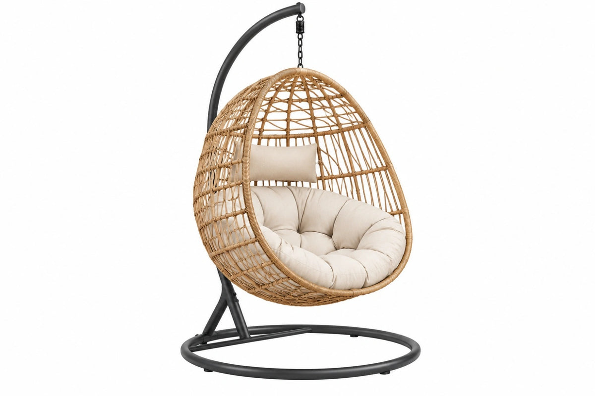 Poltrona sospesa 105 x 105 x 195 cm in fibra intrecciata naturale e metallo nero con seduta imbottita