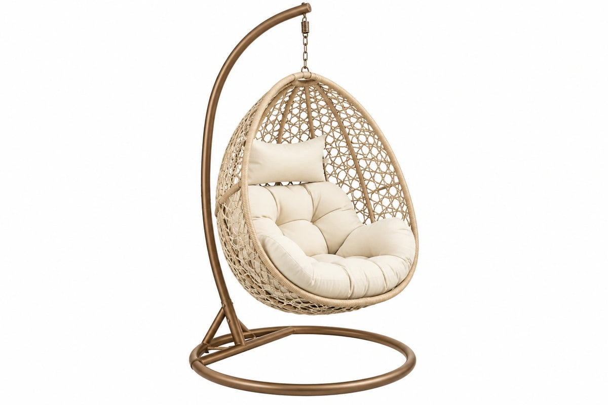 Poltrona sospesa 110 x 110 x 195 cm in metallo e fibra intrecciata beige con base autoportante
