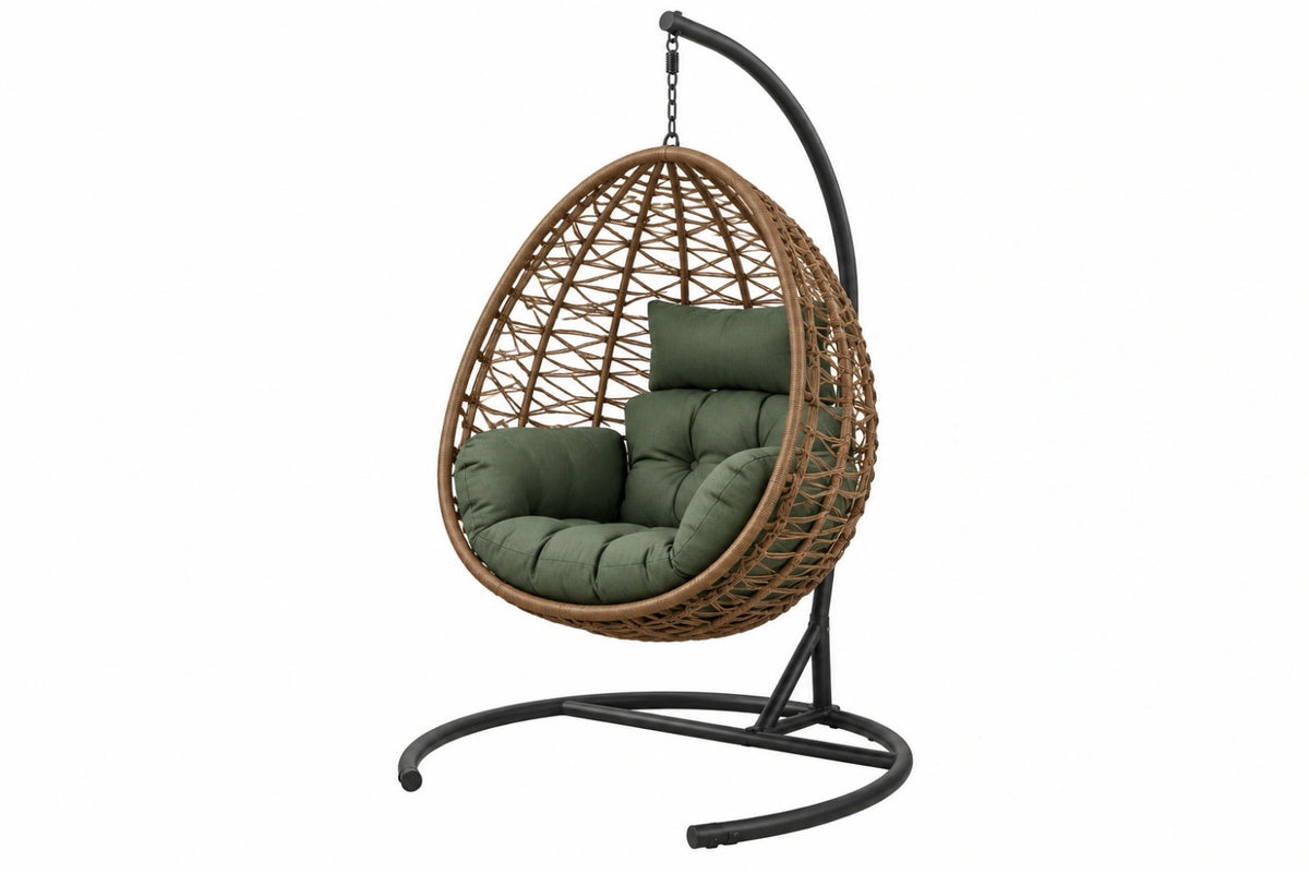 Poltrona sospesa 105 x 105 x 195 cm in rattan sintetico marrone e metallo nero con seduta verde stile boho